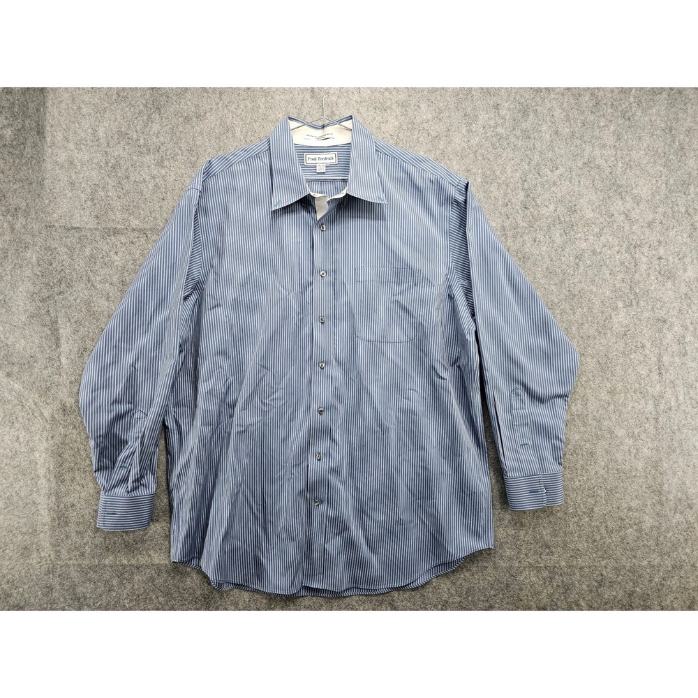 Paul Fredrick Mens Blue Striped Non-Iron Cotton Pinpoint Shirt 17.5-35 Classic